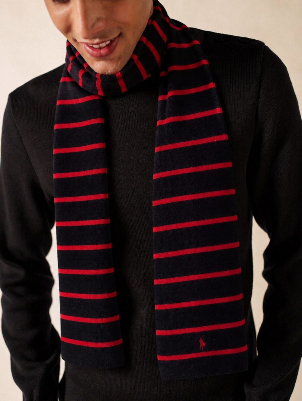 RALPH LAUREN Black Scarf Red Stripe Winter Warm Wrap Classic Accent
